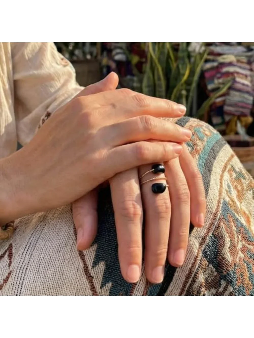 Adjustable Gold Statement Ring with Natural Obsidian Stone